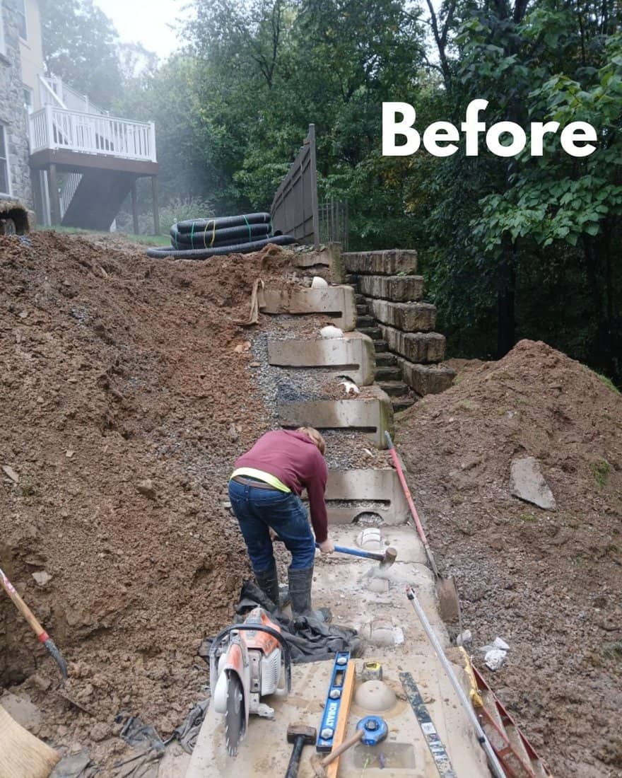 Before image of retaining wall being built