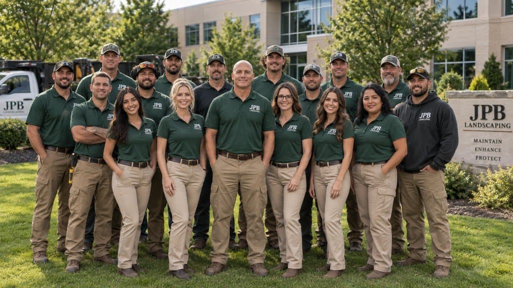 Jason Boyer flanked by the JPB Landscaping field crew and office staff