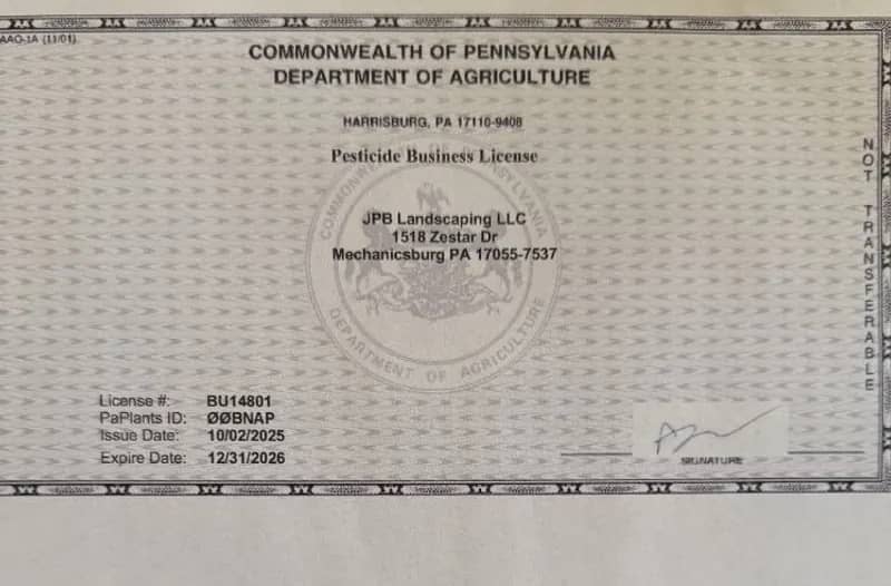 Pennsylvania Department of Agriculture pesticide business license BU 14801 for JPB Landscaping LLC, expires December 31, 2026